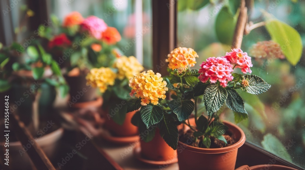 Naklejka premium Vibrant Lantana Flowers in Colorful Pots on Bright Windowsill with Natural Light and Green Background