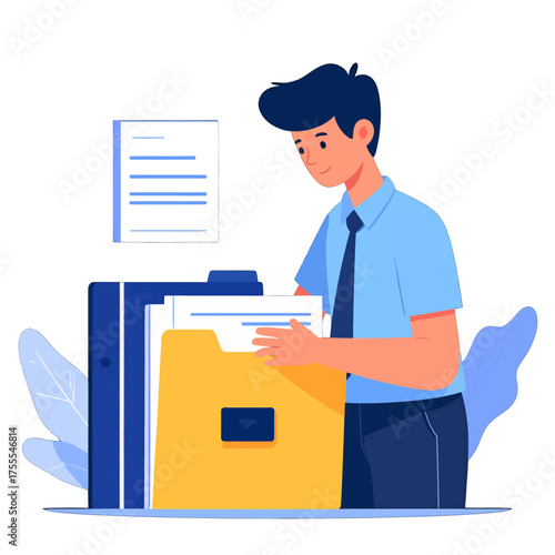 Man Sorting Documents in Office with Blue and Yellow Color Palette and Clean Vector Graphics Style Illustration on White Background