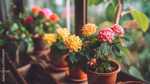 Wallpaper Mural Vibrant Lantana Flowers in Colorful Pots on Bright Windowsill with Natural Light and Green Background Torontodigital.ca