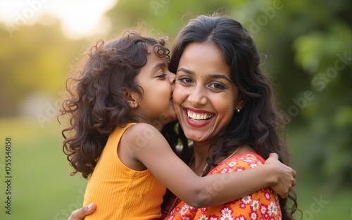 Happy indian mother having fun with her daughter outdoor - Family people and love concept - Focus on mum face. High quality