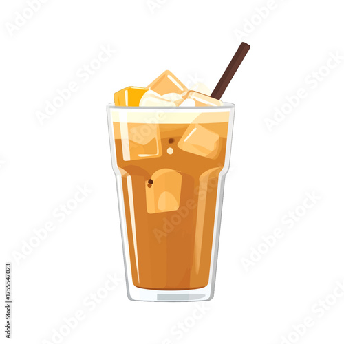 Iced Coffee Illustration in Tall Glass with Straw and Ice Cubes on White Background
