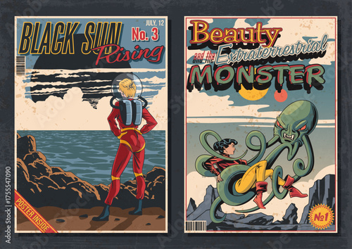 Retro Fantastic Comic Book Covers Style Set. Retro Future Sci Fi Books Illustrations. Women Astronaut on the Ocean Planet, in Outer Space with Alien Monster. Retro Colors, Aged Textured Frame