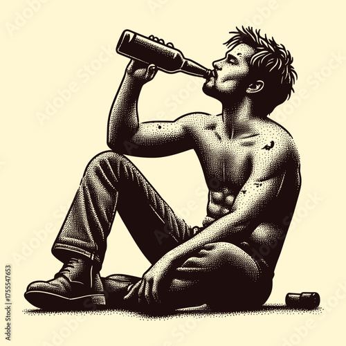 Shirtless Man Drinking Bottle Lifestyle Vintage Engraving Vector Illustration
