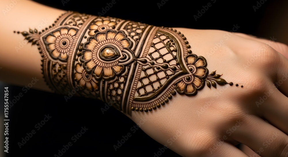 Obraz premium Stunning Intricate Henna Mehndi Bracelet Design Adorning Wrist Cultural Hand Adornment Celebration Body Art