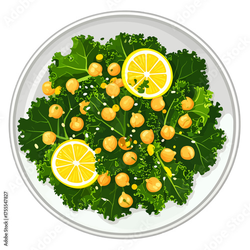 Overhead View of Fresh Green Kale Salad Topped with Chickpeas and Lemon Slices on White Plate in Bright Daylight