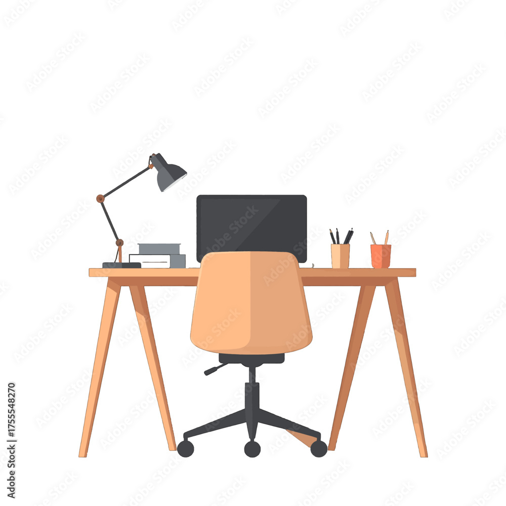 Fototapeta premium Minimalist Pixel Art Desk with Laptop and Lamp Against White Background Office Setup with Computer Stationery and Comfortable Chair