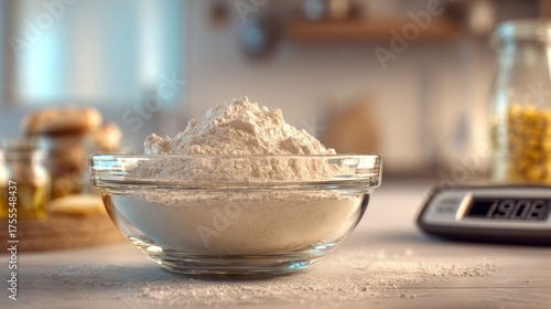 A clear glass bowl filled with flour sits on a kitchen countertop, surrounded by baking ingredients, evoking a warm and inviting atmosphere.