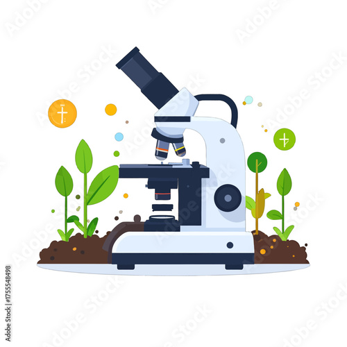White Microscope Surrounded by Growing Plants and Abstract Ornaments on White Background Illustration
