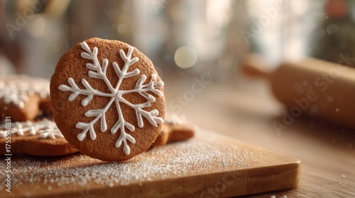 A beautifully decorated snowflake cookie, perfect for holiday celebrations, rests on a wooden cutting board sprinkled with sugar.
