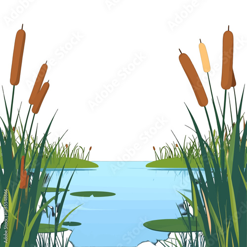 Blue Pond with Green Vegetation and Brown Cattails in Pixel Art Style Under White Sky Creating Natural Serene Scene in Low Resolution