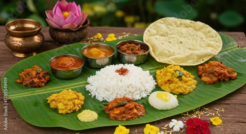 Onam sadhya on banana leaf against a blurred garden background with lotuses and festive lights. Traditional kerala vegetarian meal with rice and various curries. Festive Indian feast for celebration	
