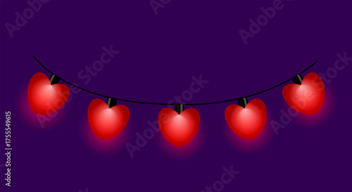 Glowing red heart string lights on dark purple background
