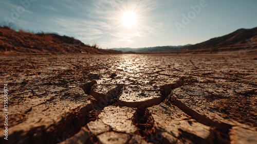 Parched earth, cracked landscape under a blazing sun – drought, climate change, environmental devastation concept.