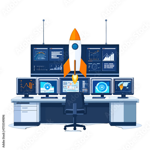 Pixelated Control Room Featuring A Launching Rocket Overlooking Multiple Computer Screens Displaying Charts And Data On A White Background