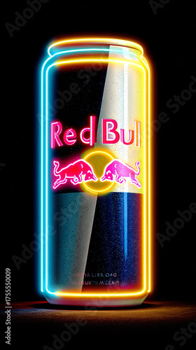 Illuminated Red Bull energy drink can with vibrant neon glow, product shot, dark background.