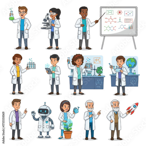 Wallpaper Mural Diverse Scientists And A Robot In A Laboratory Setting With Various Equipment And A Rocket Illustration Torontodigital.ca