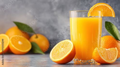 Freshly squeezed orange juice with fruit, vibrant citrus beverage, healthy breakfast still life.