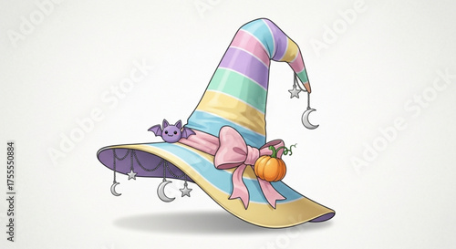 Pastel witch hat, halloween costume, magic, witchcraft, wizard, sorcerer, vector illustration