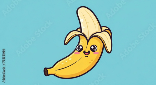 A cute and happy banana character with a peeled skin and smiling face, a cheerful and healthy fruit