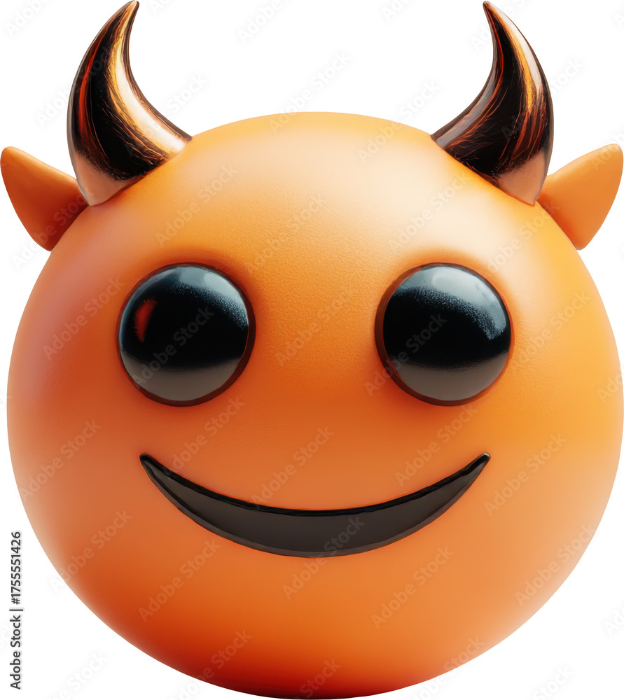 Fototapeta premium Cute orange devil emoji with horns and smiley face isolated on transparent background