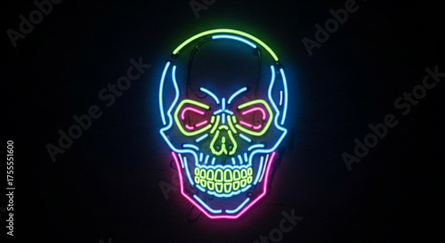 A colorful neon skull glows against a dark background, casting an eerie yet captivating light, perfect for halloween or edgy designs