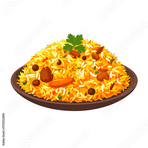 Delicious Yellow Rice Pilaf with Carrots and Raisins on Dark Plate with Green Garnish Against White Background