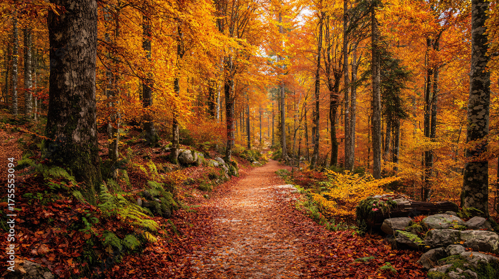 Fototapeta premium Autumn forest path bathed in golden light, serene woodland scene, fall foliage, nature walk.