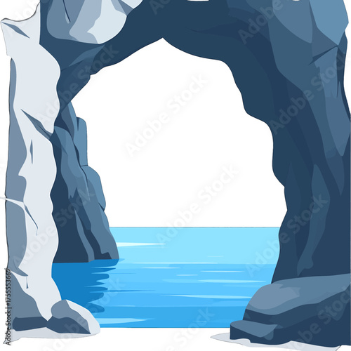 Pixel Art Grotto with Blue Water and Gray Rock Formation in Simplistic Style Cave Entrance Overlooking the Sea on Sunny Day Minimalist Nature Scene