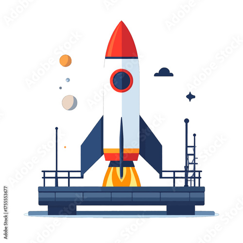 Stylized Rocket Ship Launching Platform Illustration with Planets and Stars on White Background
