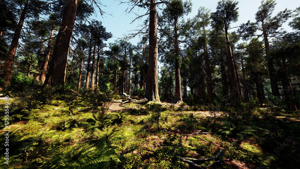 Fototapeta premium In a lush forest, sunlight streams through the canopy, highlighting the green ferns and towering trees. Nature is alive with rich colors and serene beauty during a calm afternoon.