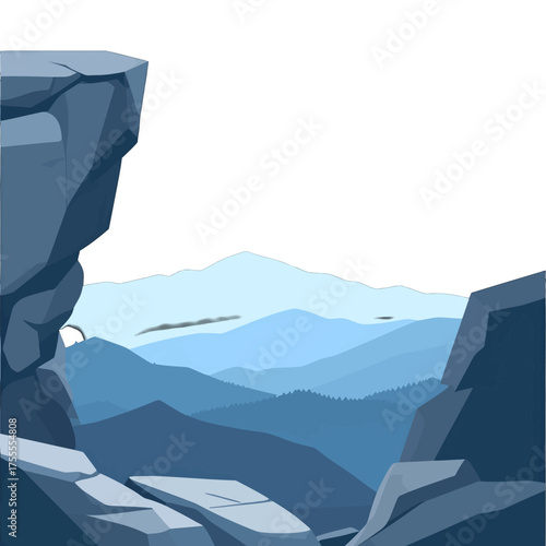 Pixel Art Landscape Featuring Blue Mountains Layered in Distance with Rough Rock Outcrops and Clear Sky Detailed View and Nostalgic Feel