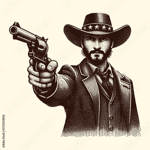 cowboy aiming gun, vintage style, brown clip art preview
