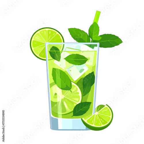 Refreshing Pixelated Green Drink with Lime Mint and Ice Cubes on White Background
