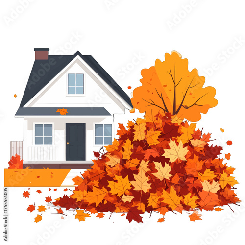 Cozy White House with Autumn Leaves Pile Near Orange Tree Under Bright Daylight Illustration Isolated on White Background Vector Drawing
