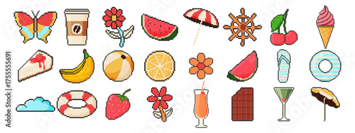 8 bit summer icon set. Pixel art object. Old school computer graphic style. Butterfly, coffee, flower, ice cream.