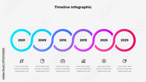 Modern timeline infographic featuring interconnected colored rings. Ideal for presenting growth, progress, and key developments in business, technology, or project planning