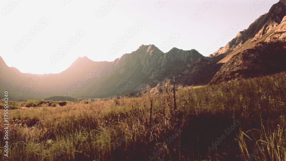 Φωτογραφία Warm sunlight bathes the rugged mountains as dusk approaches, casting elongated shadows over the lush, golden grasses in a tranquil valley
