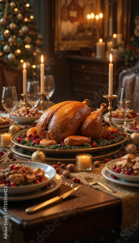 Beautifully roasted turkey sits as centerpiece of festive holiday dinner table, surrounded by elegant candles, decorative ornaments, and plates of delicious side dishes, creating warm and inviting