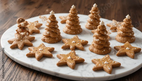 Gingerbread cookies shaped like stars and Christmas trees are arranged on marble platter, creating festive and cozy atmosphere. cookies are decorated with white icing and small sugar pearls