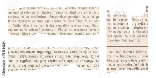 Collage newspaper ripped elements. Trendy retro vintage paper cut, rip torn, notebook sheet. Old gazette news sheet set for scrapbook. Isolated vector illustration on transparent background.