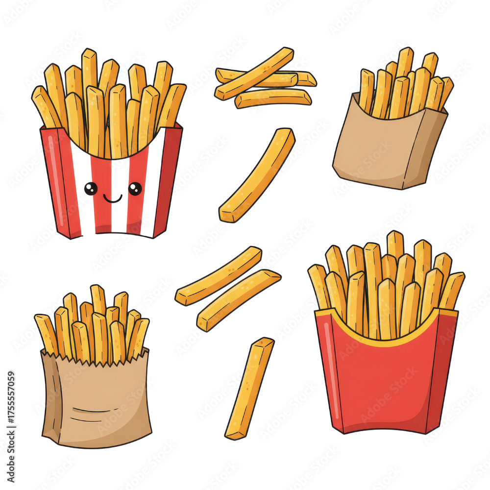 custom made wallpaper toronto digitalCute French Fries Illustration Set with Red and Black Striped Paper Container and Brown Paper Bag