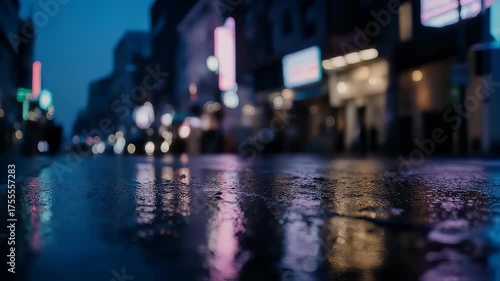 Night cityscape blurred with bokeh and reflections, wet asphalt, vibrant neon signs and lights