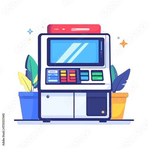 Illustration of Atm Machine with Red Topper and Potted Plants on White Background