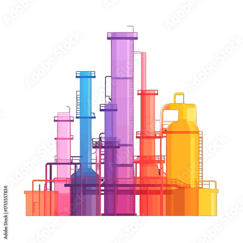 Colorful Industrial Complex with Towers and Pipes Against a White Background Vector Illustration