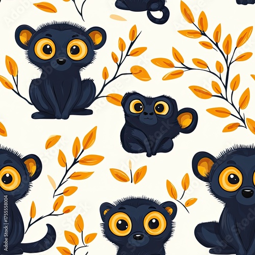 Cartoon lemur pattern with orange leaves and cute expression design.
