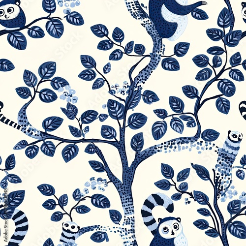 Artistic lemur and tree pattern in navy and white palette for elegant textile design.