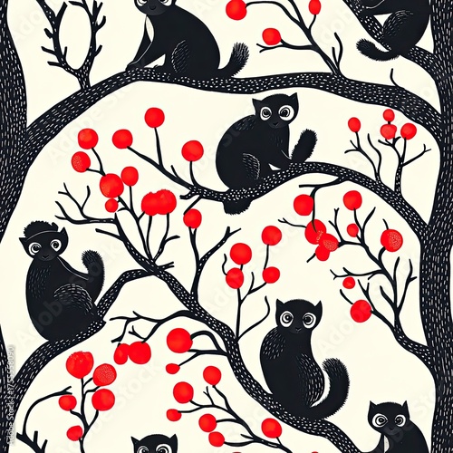 Lemur in red tree branches pattern, bold and whimsical design.