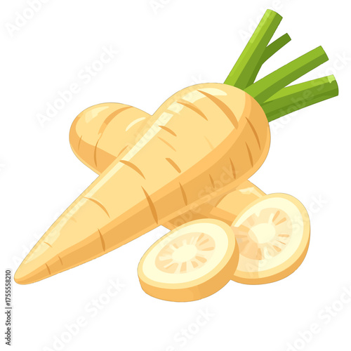 Illustration of Two Whole Cream Colored Parsnips with Green Stems and Several Sliced Parsnip Rounds in a Crisp Render