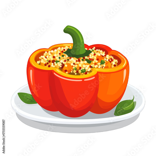 Red Stuffed Bell Pepper Filled With Quinoa on White Plate Isolated on White Background