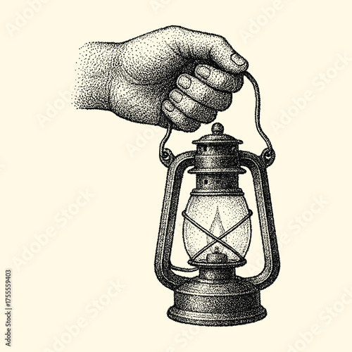 Retro lantern with human hand vintage engraving illustration